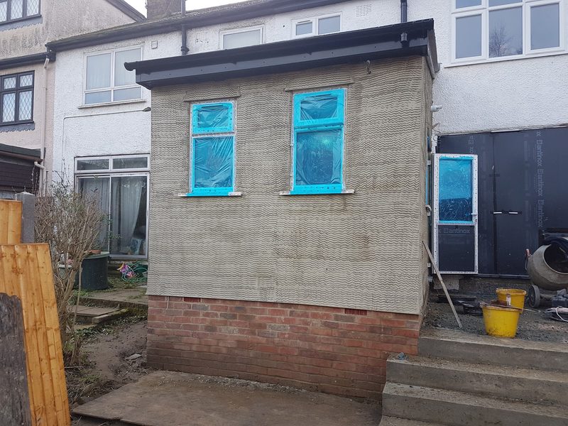 Garden room – scratch coat applied, ready for top coat by CT2 Plastering & Rendering, Orpington